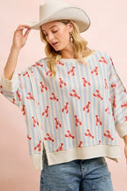 BiBi 4th Of July Lobsters Stripe Waffle Knit Sleeve Top