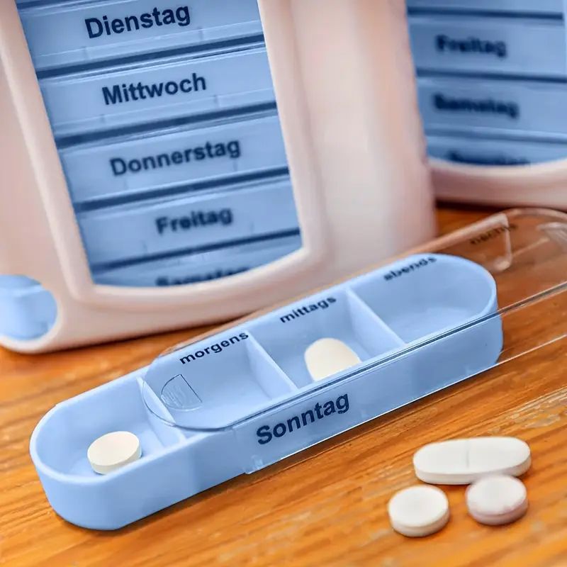 Weekly Pill Organizer with 28 Compartments - Detachable, Sealed Medicine Storage Box for Pills & Candy - White/Blue