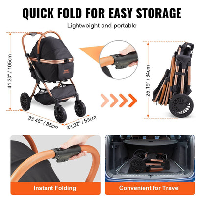Pet Stroller - 4 Wheels Dog Stroller Rotate with Brakes, 66 lbs Weight Capacity, Puppy Stroller with Detachable Carrier, Storage Basket and Pet Pad, for Small to Medium Sized Dogs, Black