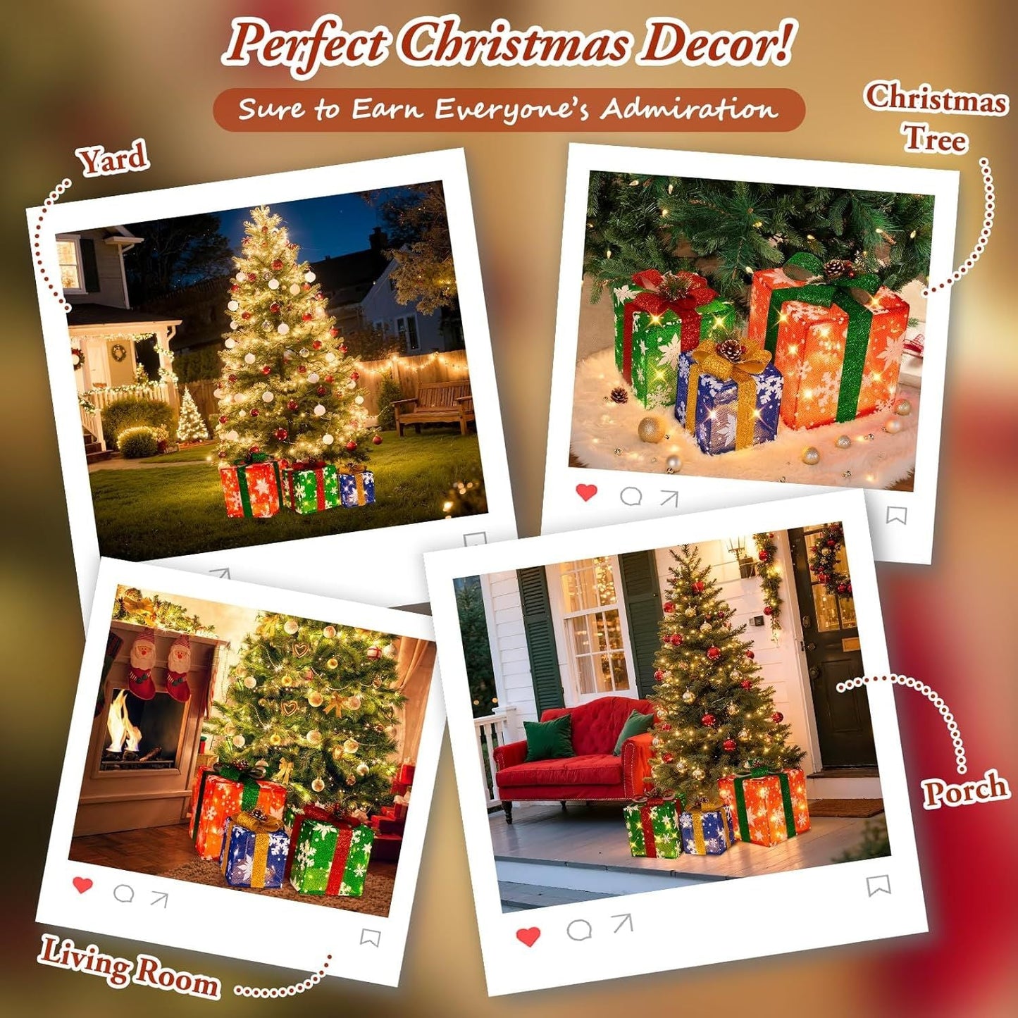 3 Pieces Large Gift Boxes for Christmas Decorations Outdoor, 10" 8" 6" with Pre-lit 70 LED Mini String Lights, Plug-in Warm White Present Boxes with Glitter for Christmas Wedding Party