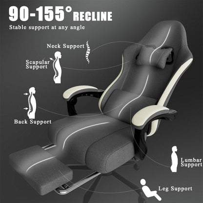 Ergonomic Gaming Chair with Pocketed Spring Cushion, Breathable Fabric Computer Chair with Footrest, Adjustable Lumbar Support Video Game Chair for Adults (Fabric)