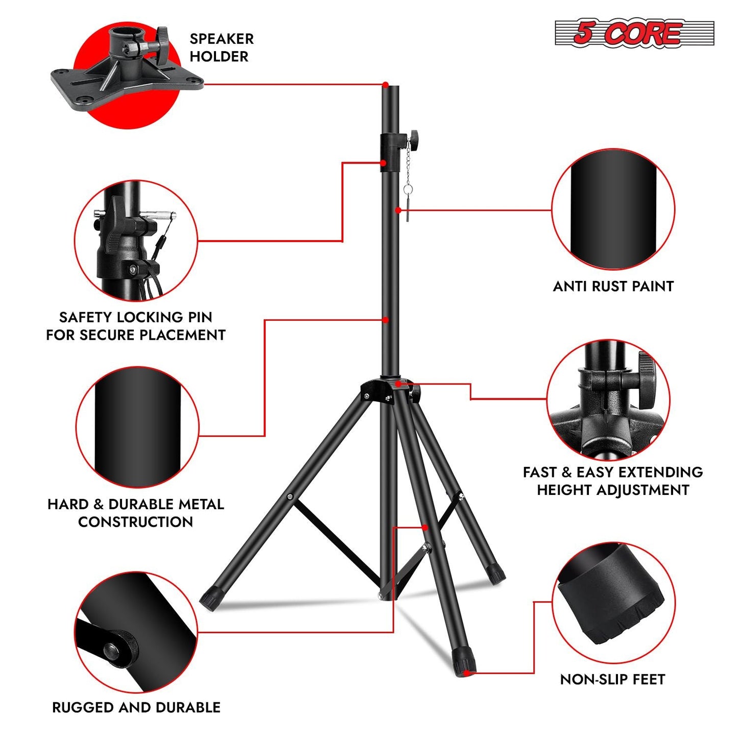 5 Core Speaker Stand Height Adjustable PA DJ Tripod Studio Monitor Stands w 35mm Compatible Insert - SS ECO 1PK BLK WoB