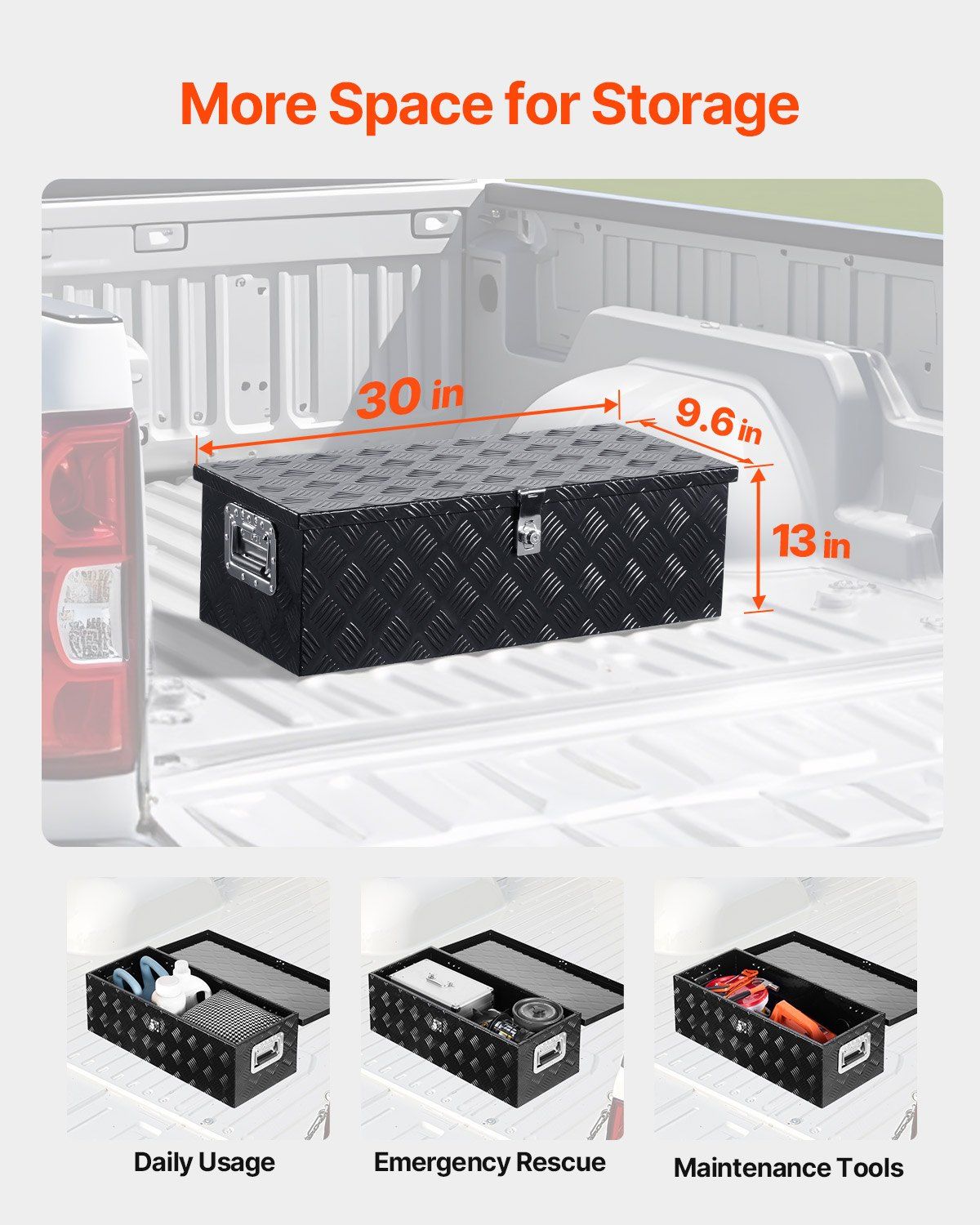 30"x13"x9.6" Heavy Duty Aluminum Truck Bed Tool Box for Pickup RV Black