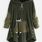 Plus Size Cartoon Puppy Print Colorblock Zip Up Hoodie Fuzzy Coat; Women's Plus Slight Stretch Casual Coat