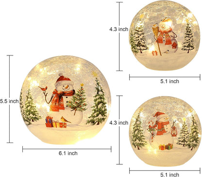 Christmas Decorations Indoor,Set of 3 Snowman Crackle Glass Ball with LED Lights Home Decor, Christmas Table Decorations Lighted Globes with Timer for Mantel Fireplace Tabletop