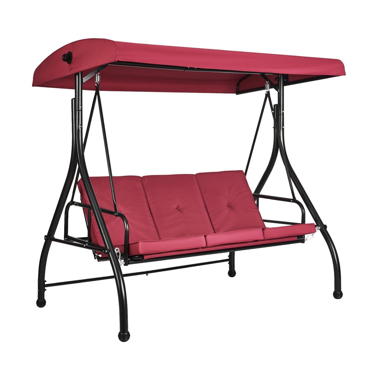 3-Seat Patio Swing Chair, Converting Canopy Swing, Outdoor Patio Porch with Adjustable Canopy, Removable Thick Cushion and Alloy Steel Frame, for Balcony, Backyard, Poolside, Burgundy