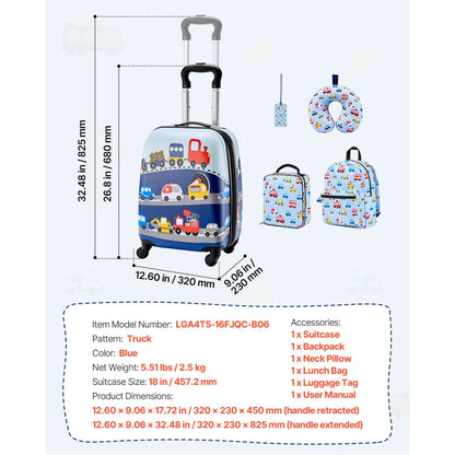 Kids Luggage Set, 5 Piece, 18 Inch Hardside Rolling Wheels Suitcase with Backpack & U-shape Pillow, Truck Kids Carry on Luggage Set, Holiday Birthday Gift for Girls Boys, Airline Approved