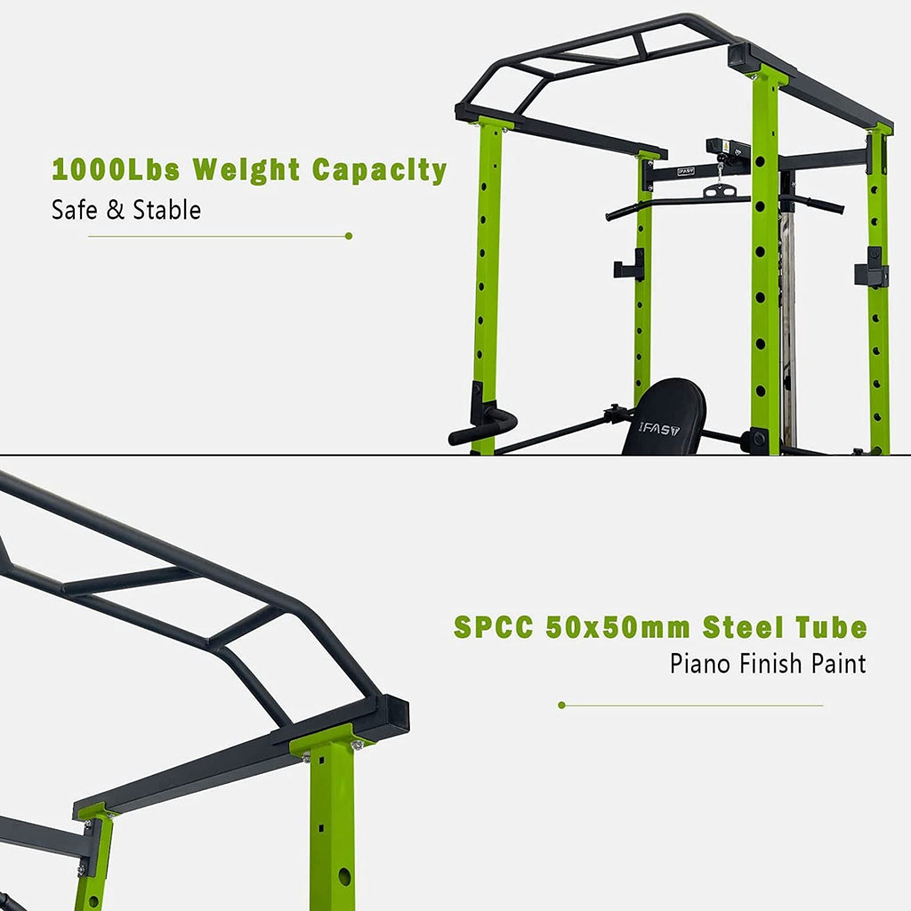 100lb Green Home Gym Set Multi-functional Power Cage, Home Adjustable Pullup Squat Rack 1000Lbs Capacity Comprehensive Fitness Barbell Rack