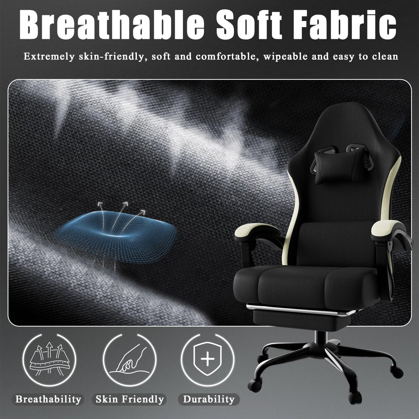 Ergonomic Gaming Chair with Pocketed Spring Cushion, Breathable Fabric Computer Chair with Footrest, Adjustable Lumbar Support Video Game Chair for Adults (Fabric)