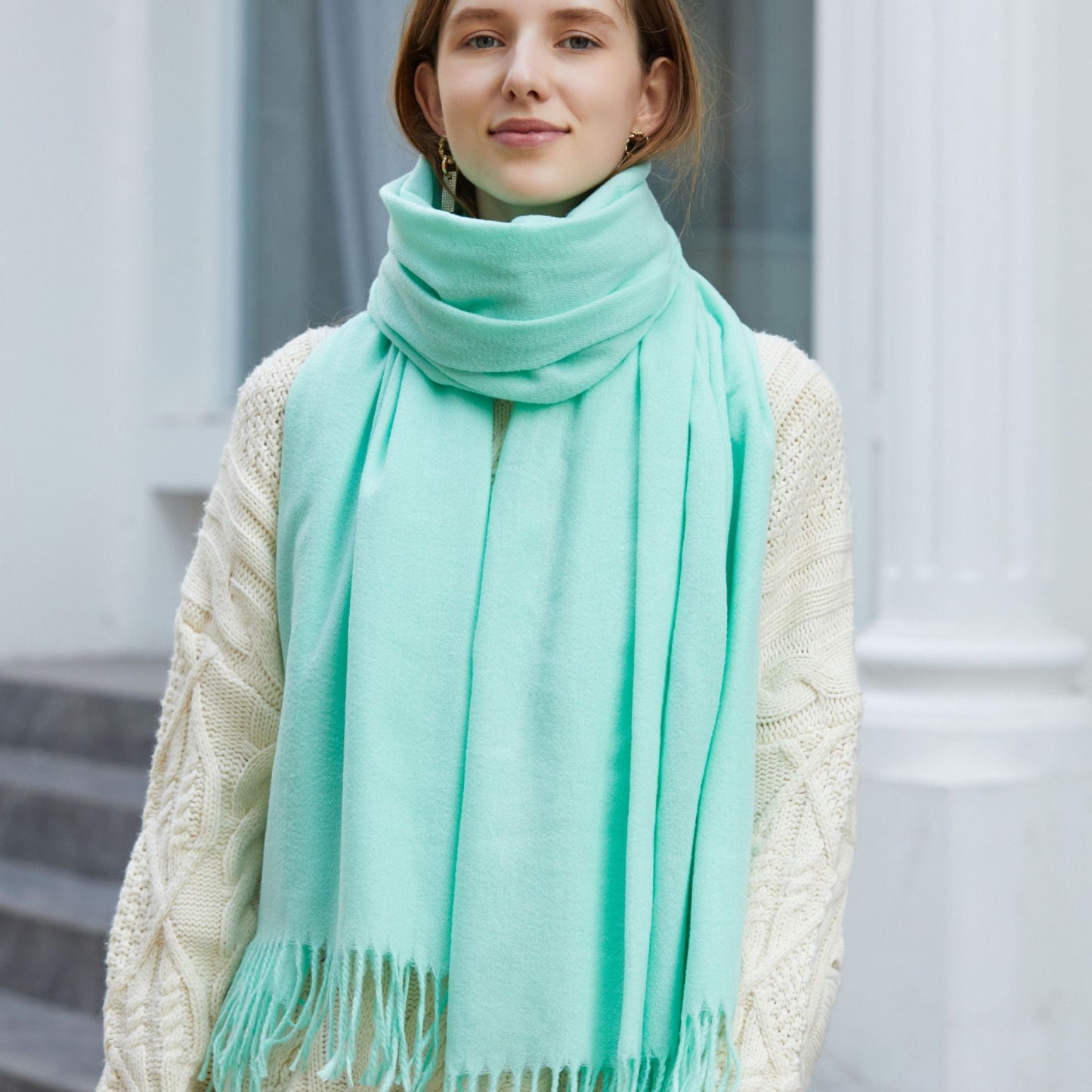 Wholesale Korean simple pure color cashmere like polyester warm shawl monochrome long tassel scarf thickened scarf