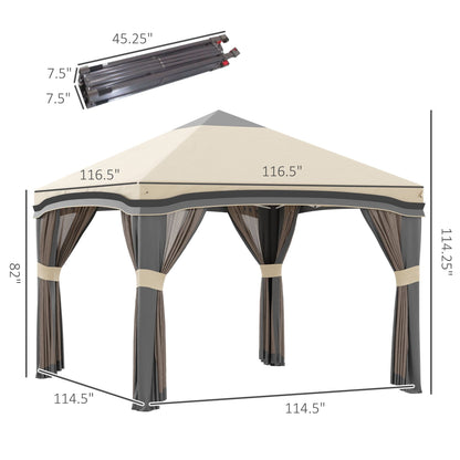 10x10 Pop Up Canopy, Netting, Foldable, Height Adjustable, Wheeled Carry Bag, 4 Sand Bags, Beige