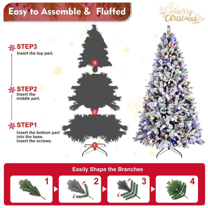 7.5FT Prelit Artificial Flocked Christmas Tree with 400 Multi-Color LED Lights, Full Hinged Pine Xmas Tree with 1523 PE & PVC Mixed Branch Tips, Metal Stand and Hinged Branches, 10 Colors