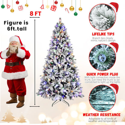 7.5FT Prelit Artificial Flocked Christmas Tree with 400 Multi-Color LED Lights, Full Hinged Pine Xmas Tree with 1523 PE & PVC Mixed Branch Tips, Metal Stand and Hinged Branches, 10 Colors