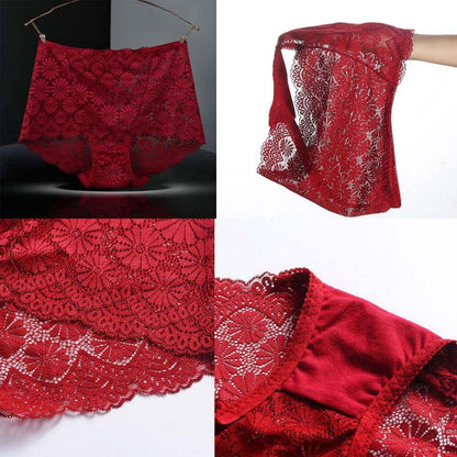 3 Pcs Lace Sexy Bikini Panties Daisy Mesh Underwear Plus Size Boyshorts Panties for Women Pack,Red Purplish Grey Wine Red