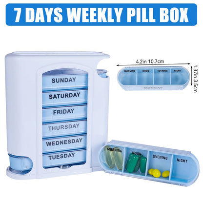 Weekly Pill Organizer with 28 Compartments - Detachable, Sealed Medicine Storage Box for Pills & Candy - White/Blue