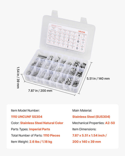 1110 Pcs Bolts Nuts Assortment Kit Imperial Stainless Steel for Furniture