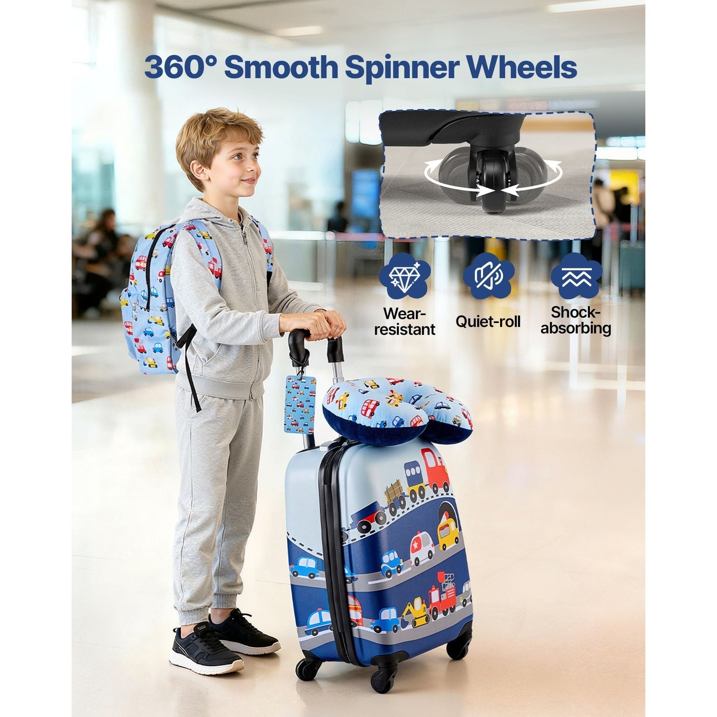Kids Luggage Set, 5 Piece, 18 Inch Hardside Rolling Wheels Suitcase with Backpack & U-shape Pillow, Truck Kids Carry on Luggage Set, Holiday Birthday Gift for Girls Boys, Airline Approved