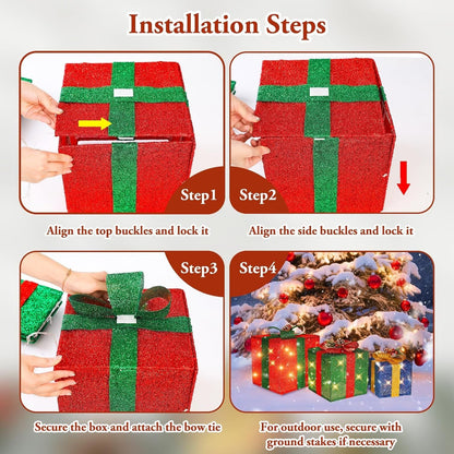 3 Pieces Large Gift Boxes for Christmas Decorations Outdoor, 10" 8" 6" with Pre-lit 70 LED Mini String Lights, Plug-in Warm White Present Boxes with Glitter for Christmas Wedding Party