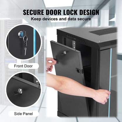 12U Wall-Mounted Server Network Cabinet, 15.5'' Depth, Secure Rack Enclosure, Supports up to 200 lbs, Lockable Glass Door & Sides, Ideal for IT & A/V Gear