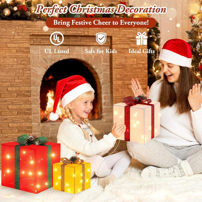 3 Pieces Large Gift Boxes for Christmas Decorations Outdoor, 10" 8" 6" with Pre-lit 70 LED Mini String Lights, Plug-in Warm White Present Boxes with Glitter for Christmas Wedding Party