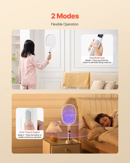 VEVOR Electric Fly Swatter, Zapper Racket with 3 Layers Mesh & Digital Screen Display, Dual Modes Fly Killer with 1500mAh Battery Rechargeable for Home, Bedroom, Kitchen and Patio, White
