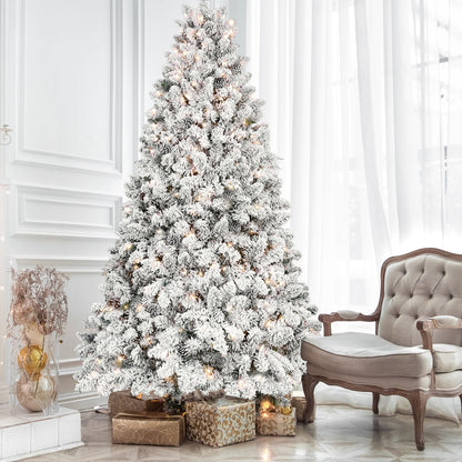 8ft Pre-lit Flocked Christmas Tree with 700 UL Lights & 54 Pine Cones & 1754 Tips Snow Frosted Artificial Xmas Tree