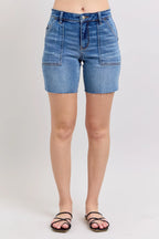 Judy Blue Full Size Mid Rise Bermudas Denim Shorts W/ Back Flap Pockets Plus Size