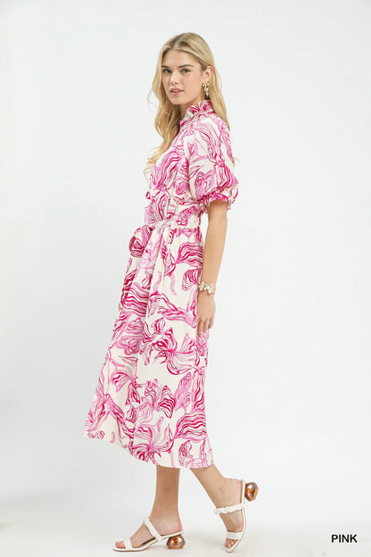 Umgee Abstract Print Smocked Tie Waist Midi Dress