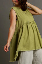 Umgee Full Size Raw Hem Linen Round Neck Sleeveless Top Plus Size
