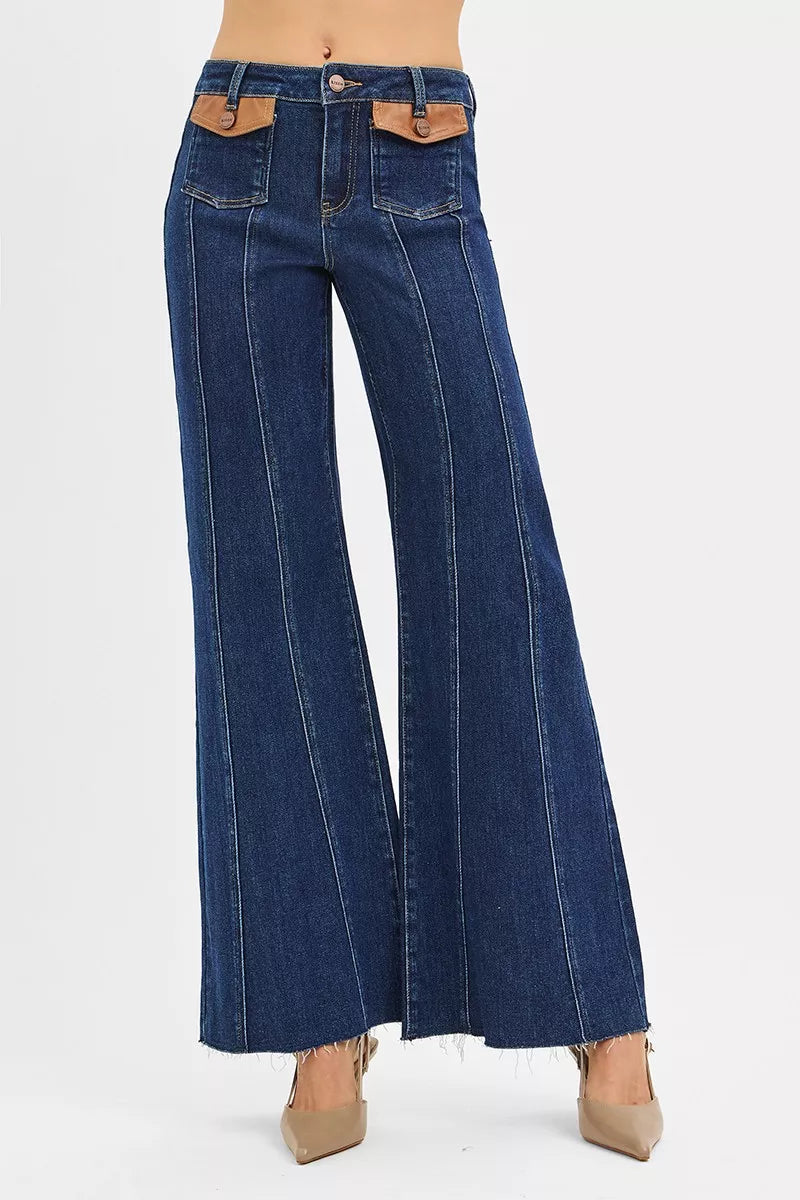 RISEN High Rise Wide Flare Jeans with Front Leather Pocket Detail