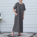 Muslim Boys Short Sleeve Embroidered Thobe with Pockets (MKB015)