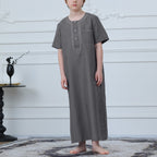 Muslim Boys Short Sleeve Embroidered Thobe with Pockets (MKB015)