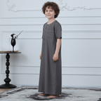 Muslim Boys Short Sleeve Embroidered Thobe with Pockets (MKB015)